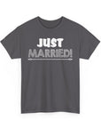 Just Married Unisex Heavy Cotton Tee, Wedding Celebration Shirt, Newlywed Gift, Bridal Party Apparel, Engagement Announcement Top