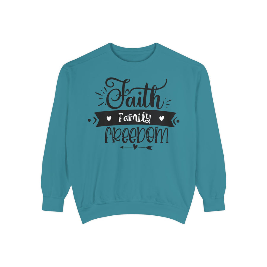Faith, Family, Freedom Sweatshirt - Unisex Cozy Pullover for Family Gatherings, Gifts, Family Events, Faith Celebrations