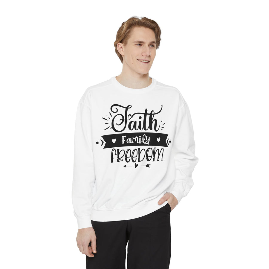 Faith, Family, Freedom Sweatshirt - Unisex Cozy Pullover for Family Gatherings, Gifts, Family Events, Faith Celebrations