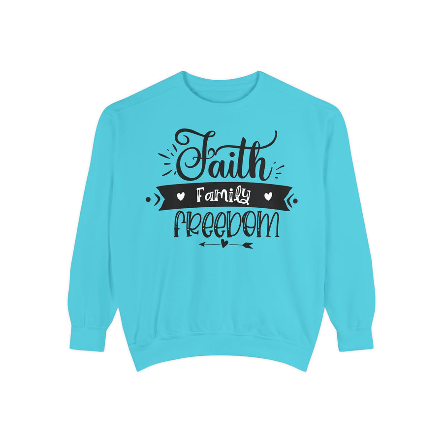 Faith, Family, Freedom Sweatshirt - Unisex Cozy Pullover for Family Gatherings, Gifts, Family Events, Faith Celebrations