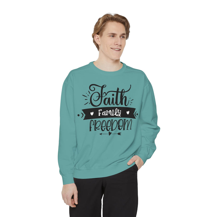 Faith, Family, Freedom Sweatshirt - Unisex Cozy Pullover for Family Gatherings, Gifts, Family Events, Faith Celebrations