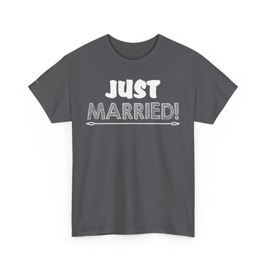 Just Married Unisex Heavy Cotton Tee, Wedding Celebration Shirt, Newlywed Gift, Bridal Party Apparel, Engagement Announcement Top