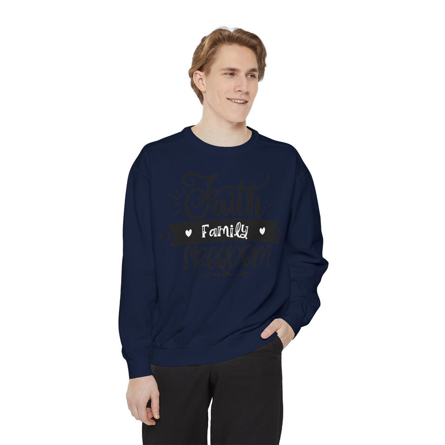 Faith, Family, Freedom Sweatshirt - Unisex Cozy Pullover for Family Gatherings, Gifts, Family Events, Faith Celebrations