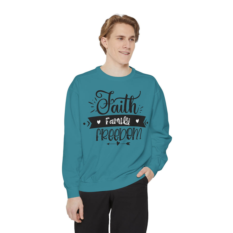 Faith, Family, Freedom Sweatshirt - Unisex Cozy Pullover for Family Gatherings, Gifts, Family Events, Faith Celebrations