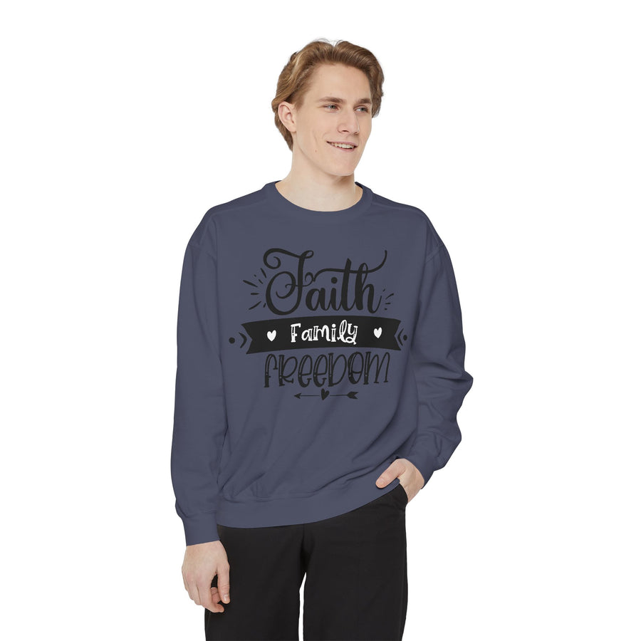 Faith, Family, Freedom Sweatshirt - Unisex Cozy Pullover for Family Gatherings, Gifts, Family Events, Faith Celebrations
