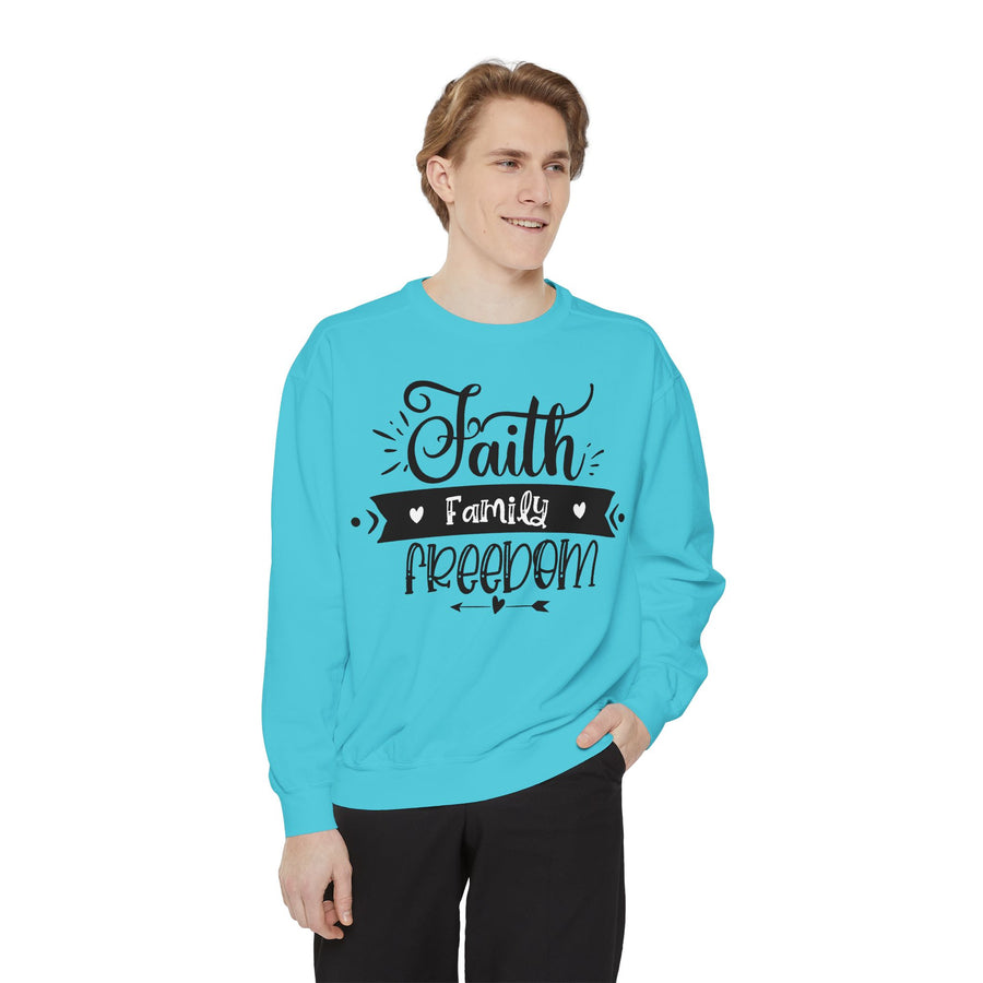 Faith, Family, Freedom Sweatshirt - Unisex Cozy Pullover for Family Gatherings, Gifts, Family Events, Faith Celebrations
