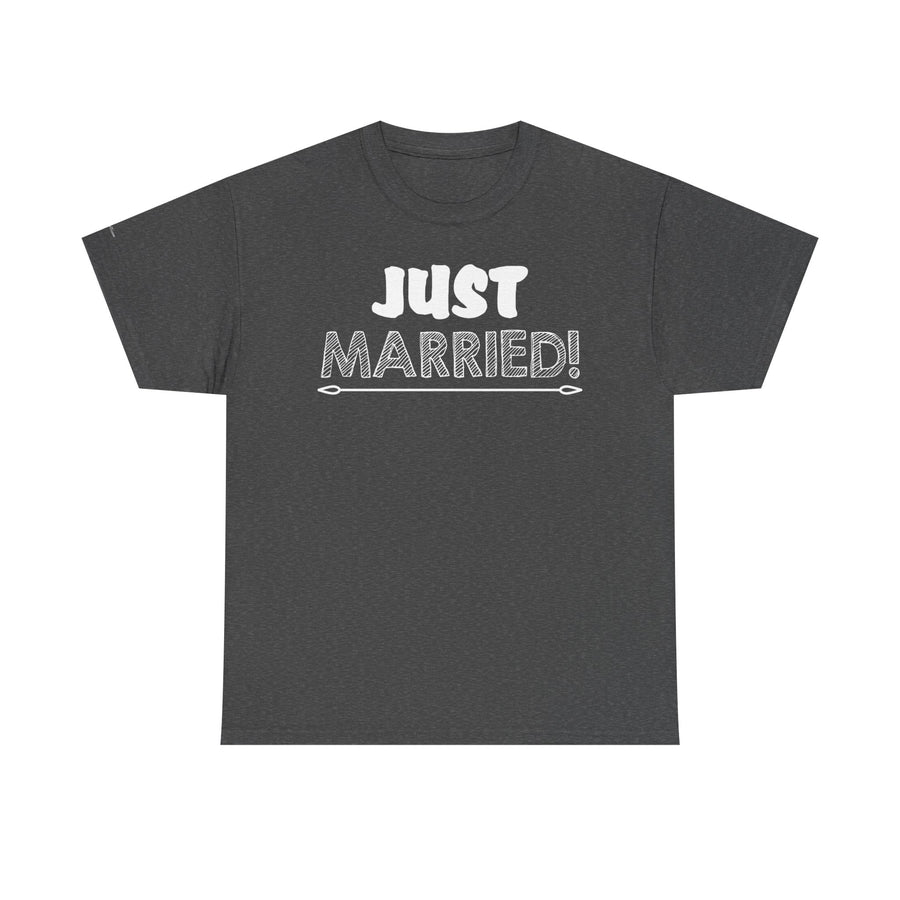 Just Married Unisex Heavy Cotton Tee, Wedding Celebration Shirt, Newlywed Gift, Bridal Party Apparel, Engagement Announcement Top