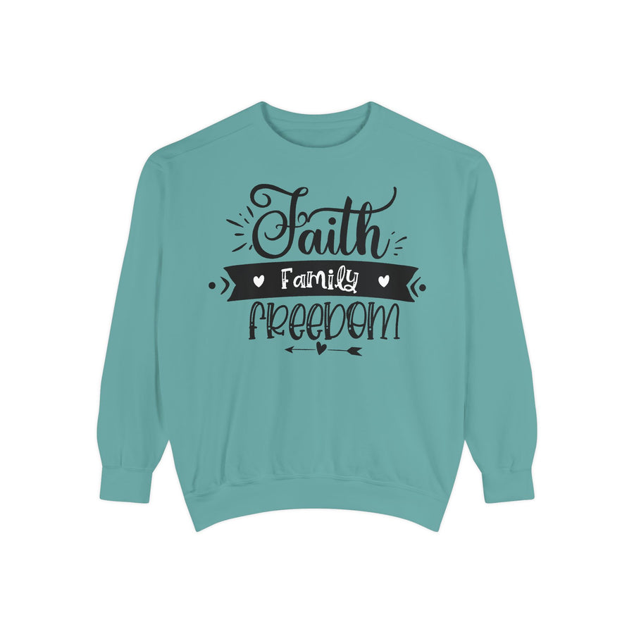 Faith, Family, Freedom Sweatshirt - Unisex Cozy Pullover for Family Gatherings, Gifts, Family Events, Faith Celebrations
